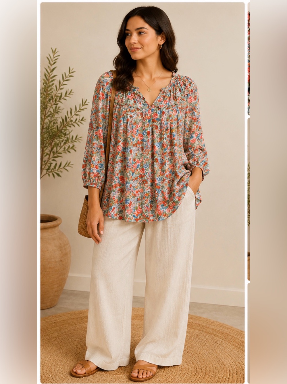 Grand & Greene Floral Boho Peasant Top XL Romantic Cottagecore Rayon Blouse